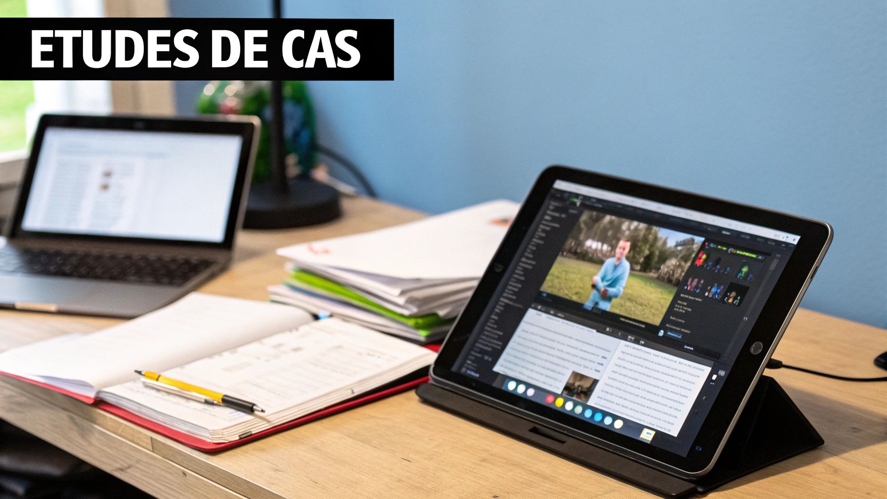 Un bureau avec un ordinateur portable, une tablette affichant un logiciel de montage vidéo, un cahier et des papiers, avec le texte "ETUDES DE CAS".