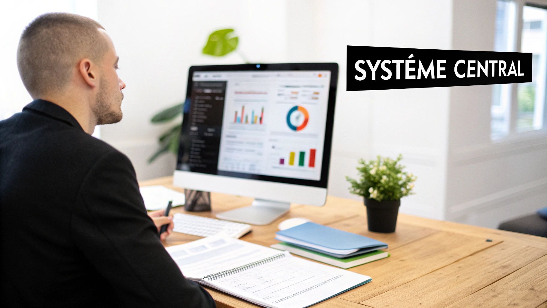 Un homme d'affaires regarde des graphiques et données sur un écran d'ordinateur, travaillant sur un système central d'entreprise.