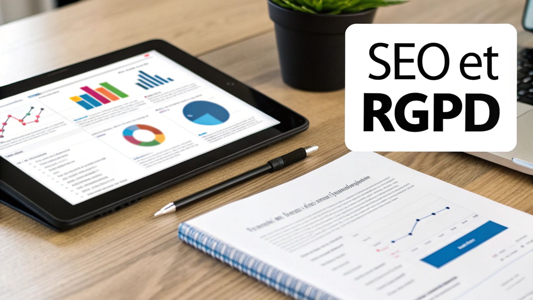 Un bureau avec une tablette affichant des analyses SEO, un stylo, un cahier et l'inscription 'SEO et RGPD'.