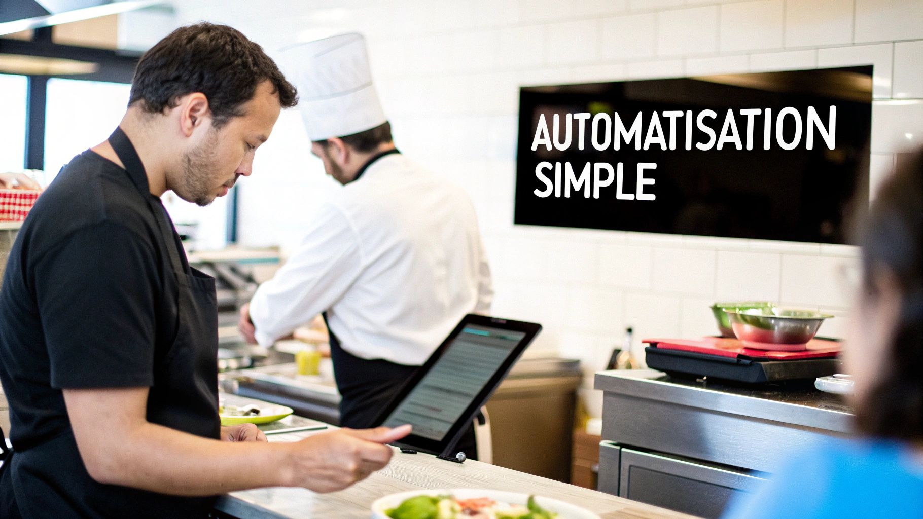 Deux chefs dans une cuisine moderne, l'un utilisant une tablette pour consulter des informations, l'autre travaillant en arrière-plan.