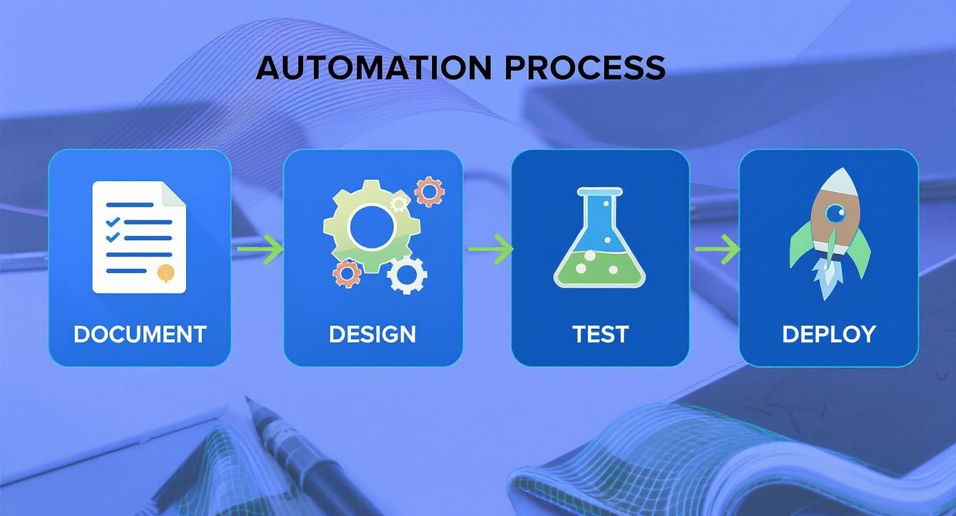 Diagramme du processus d'automatisation avec quatre étapes : documenter, concevoir, tester et déployer