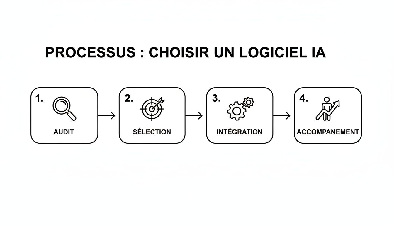 Infographie illustrant les 4 étapes pour choisir un logiciel d'IA : audit, sélection, intégration et accompagnement.