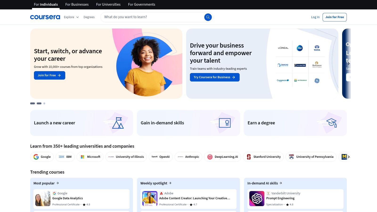 Interface de la plateforme Coursera