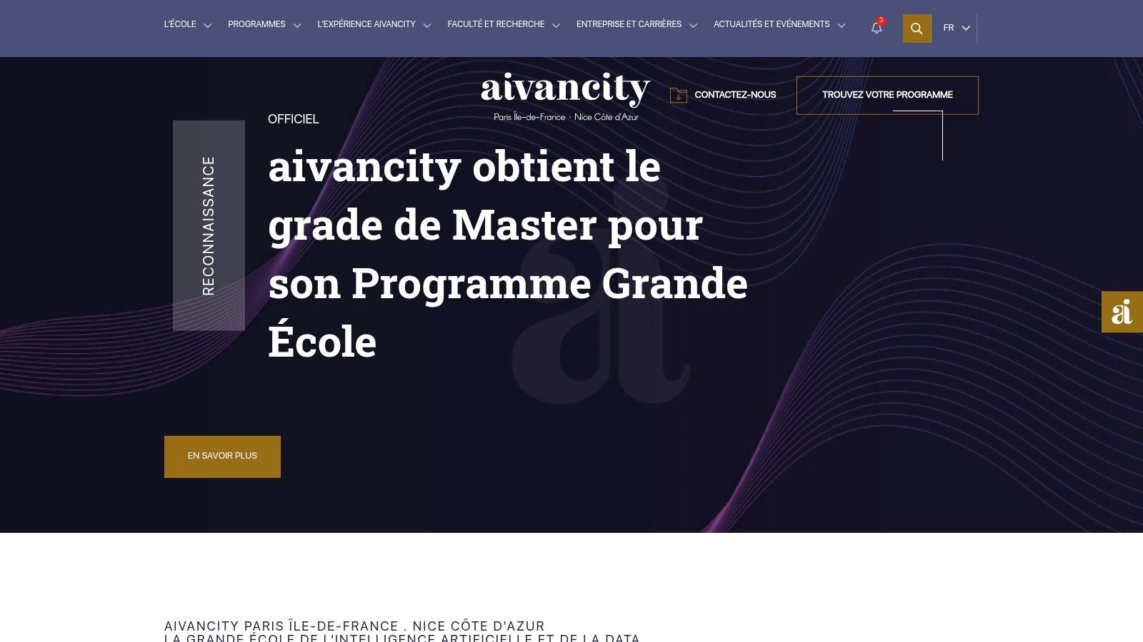 Site web de l'école de formation IA aivancity à Nice