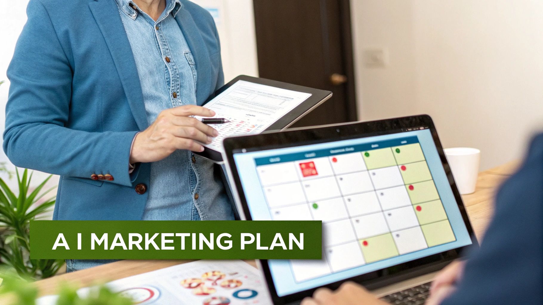 Two business professionals collaborate on an AI marketing plan, using a tablet and laptop with a visible calendar.