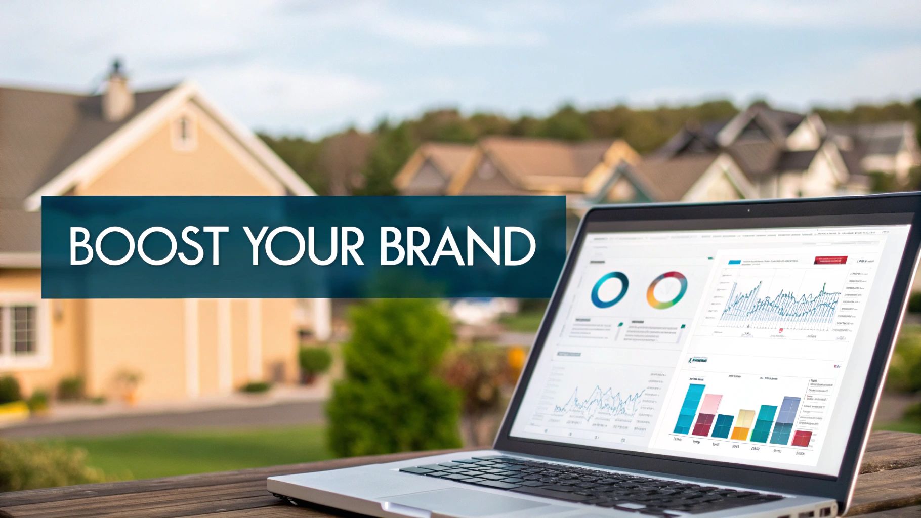 Laptop with marketing analytics dashboards and 'BOOST YOUR BRAND' text overlay, set against a blurred background of houses.