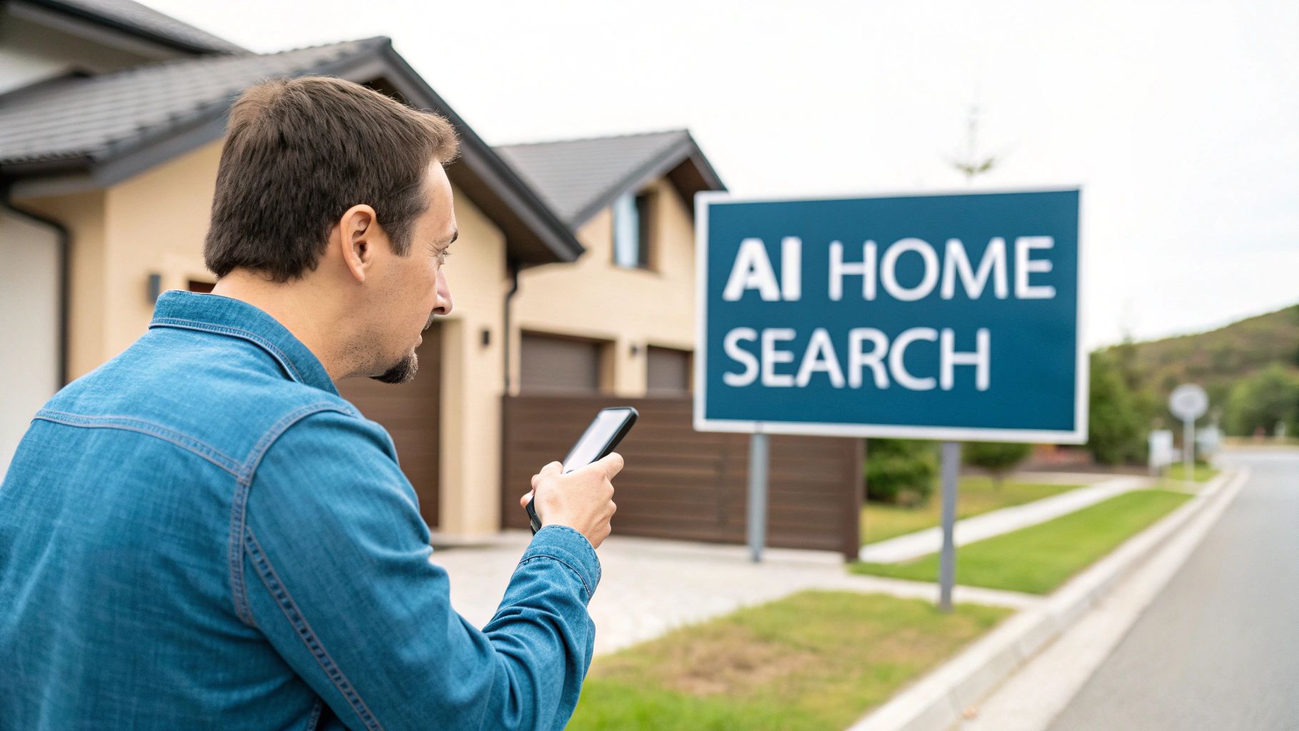 A man uses his smartphone in front of a modern house with an 'AI HOME SEARCH' sign.