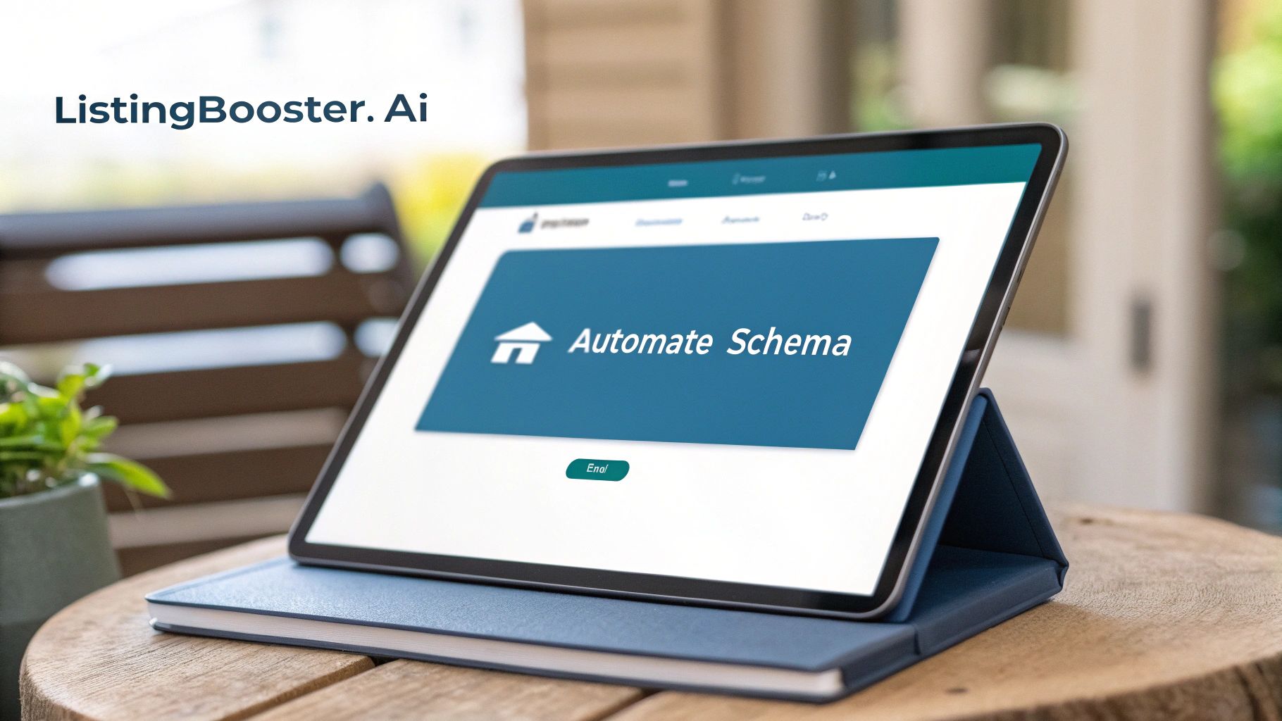 Digital tablet on a wooden table showing 'Automate Schema' with a house icon and 'ListingBooster.Ai'.