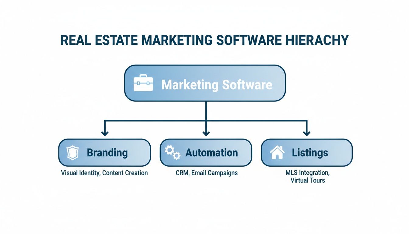 A hierarchical diagram illustrating real estate marketing software categories: branding, automation, and listings with details.