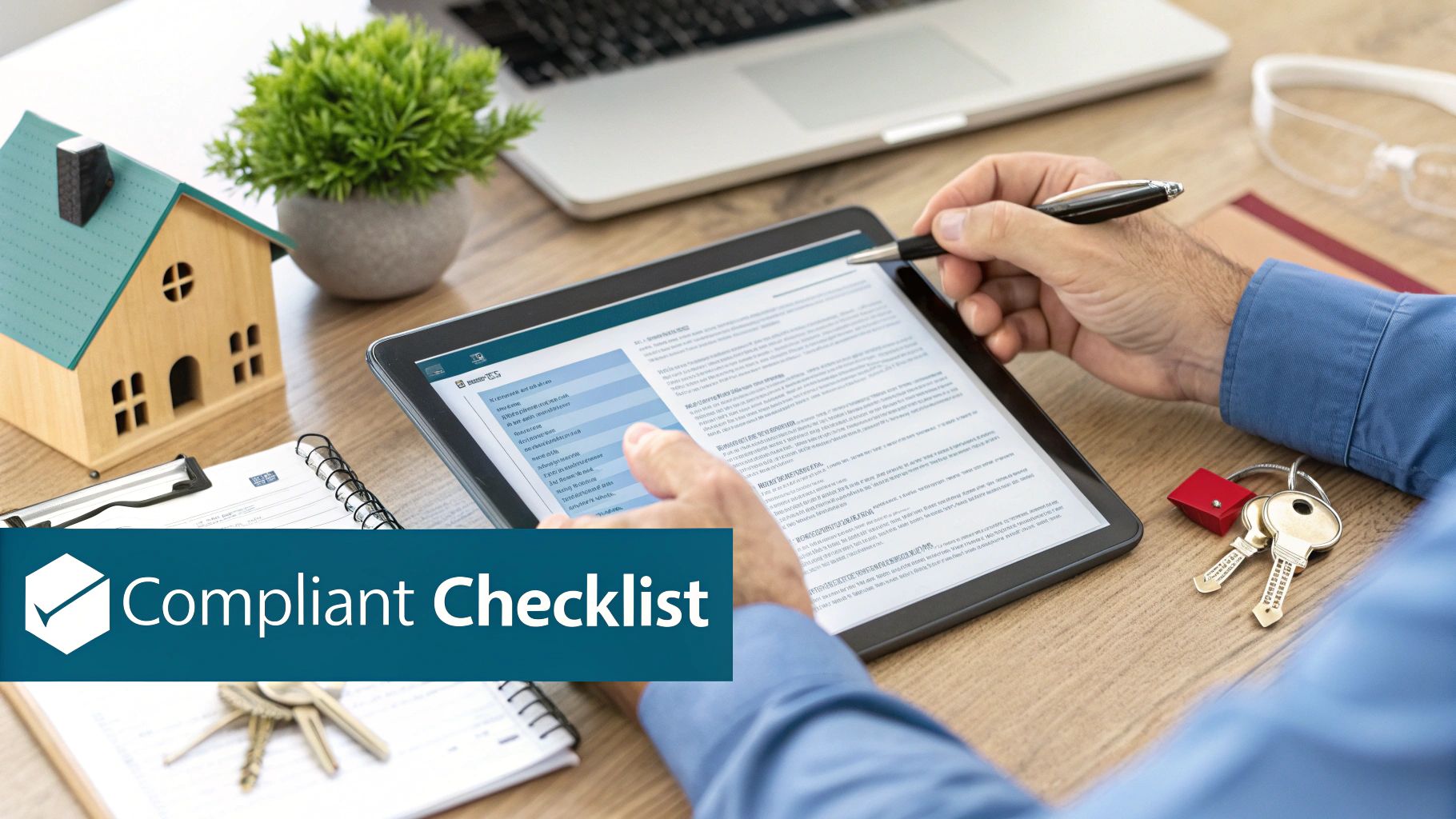 A person reviews a digital compliance checklist on a tablet, with a house model, keys, and laptop.