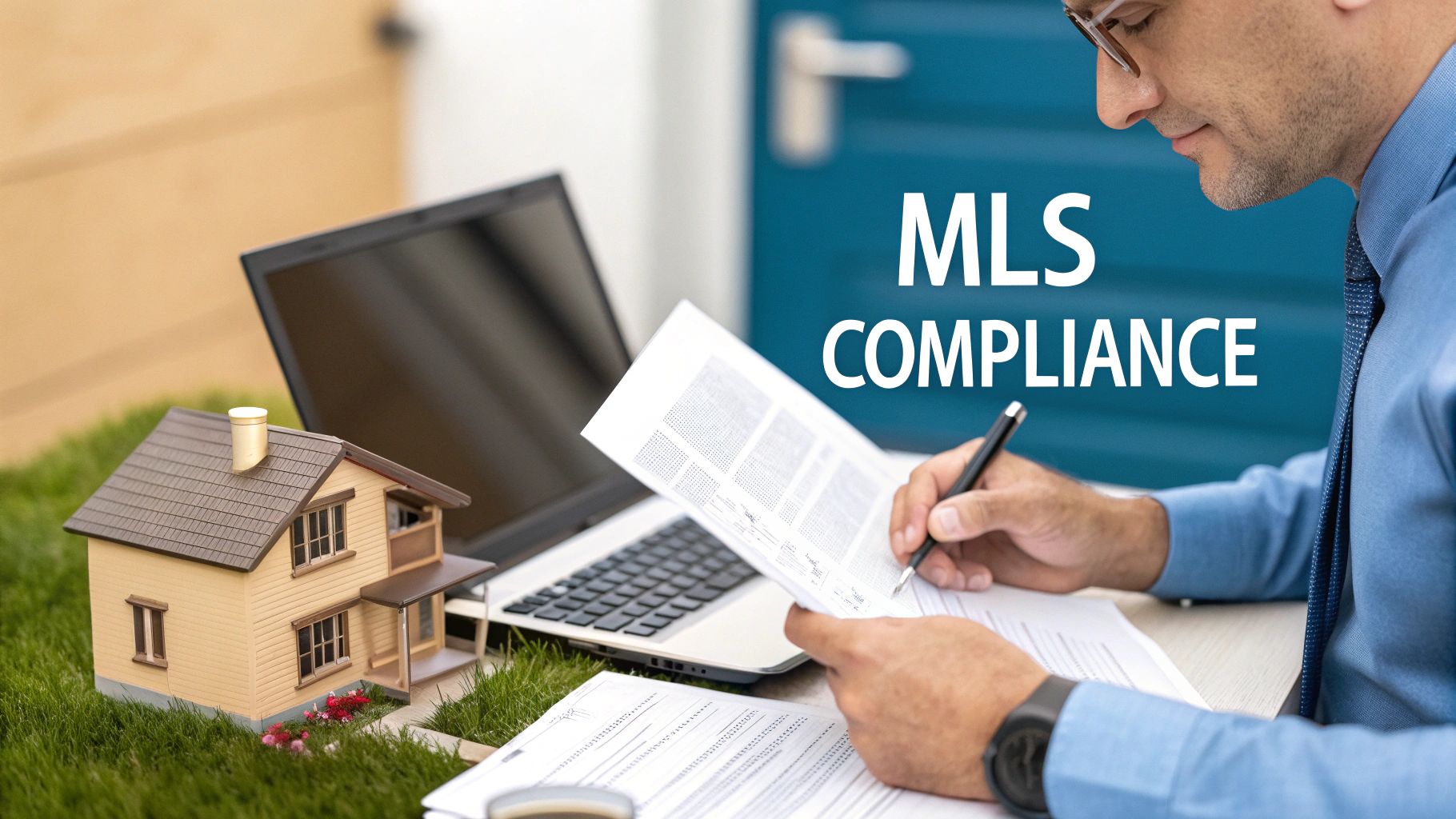 A man signs documents with a laptop and a model house nearby, displaying 'MLS COMPLIANCE'.