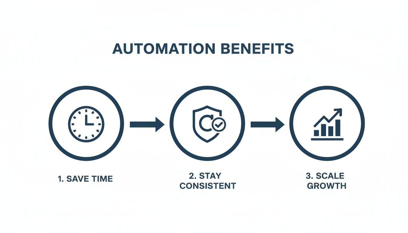 Infographic illustrating automation benefits: save time (clock icon), stay consistent (shield icon), and scale growth (chart icon).
