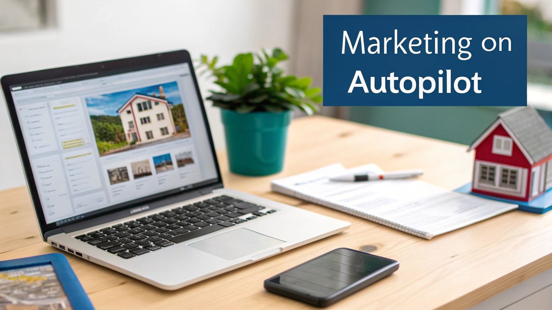 A laptop shows real estate listings next to a house model, notebook, and smartphone on a desk, with 'Marketing on Autopilot' text.