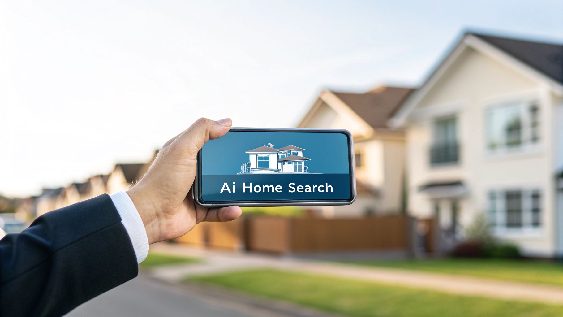 A hand holding a smartphone displaying an AI home search application in front of houses.