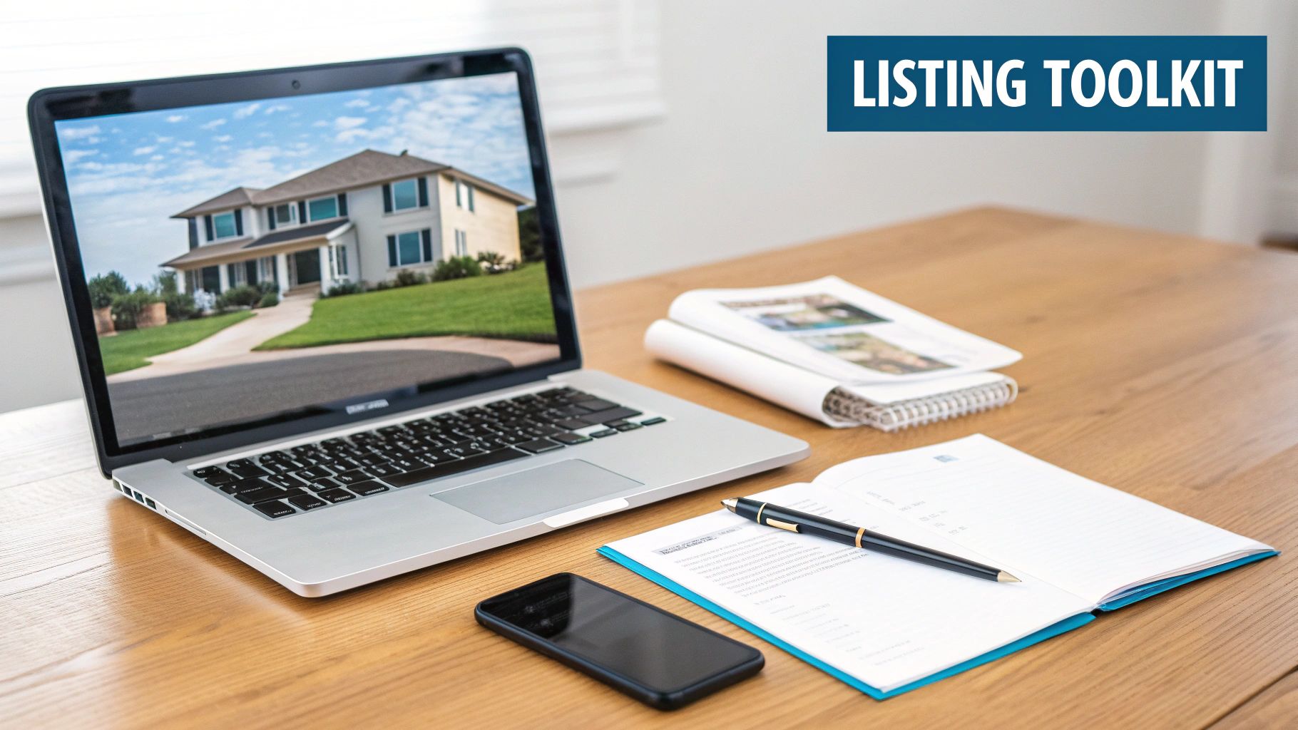 A modern workspace with a laptop showing a house, a pen, notebook, phone, and 'LISTING TOOLKIT' text.