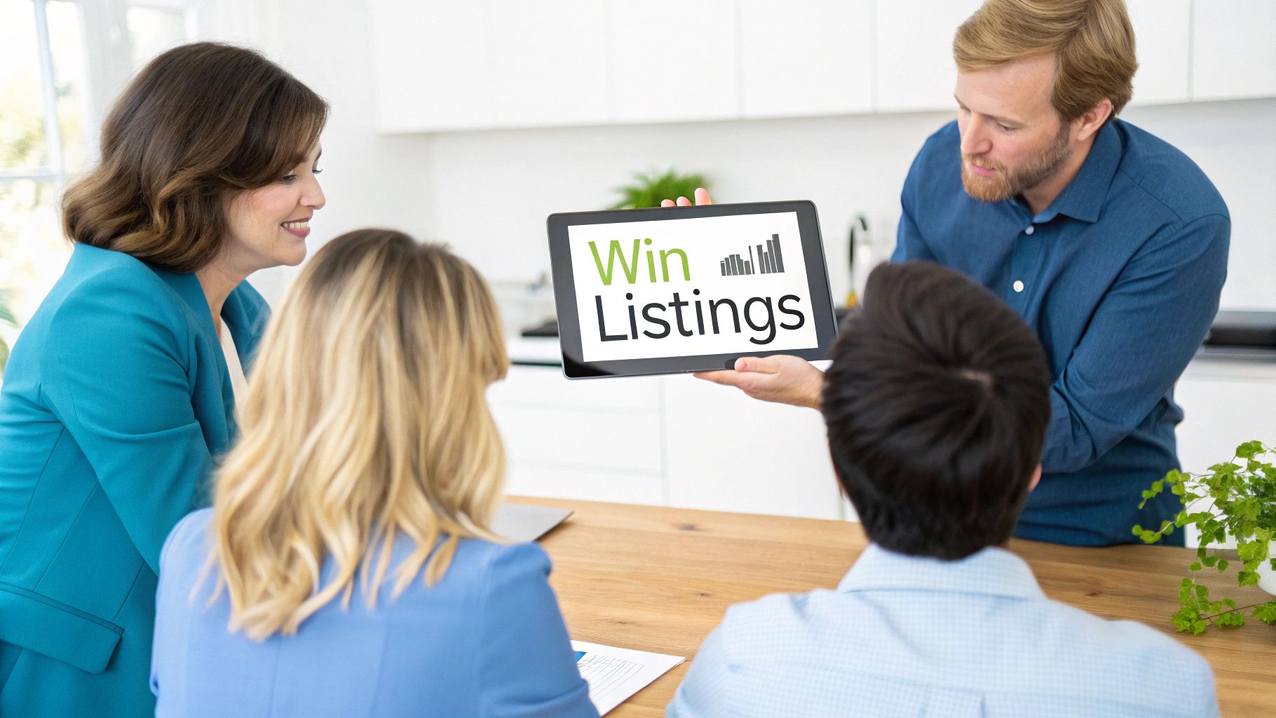 Four real estate professionals discuss strategies, with one holding a tablet showing 'Win Listings'.