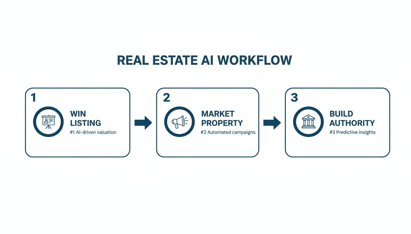 Real Estate AI workflow diagram illustrating three steps: Win Listing, Market Property, and Build Authority.