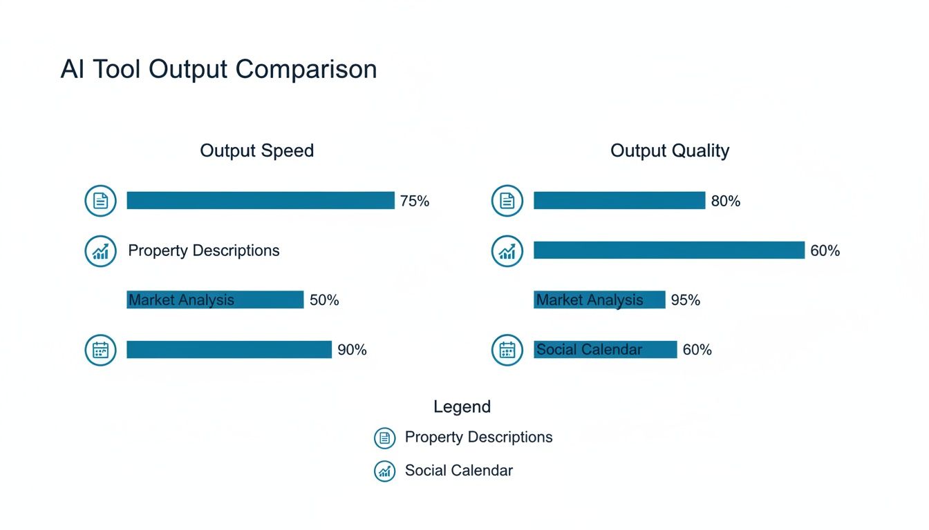 Bar chart comparing AI tool output speed and quality for property descriptions, market analysis, and social calendar tasks.