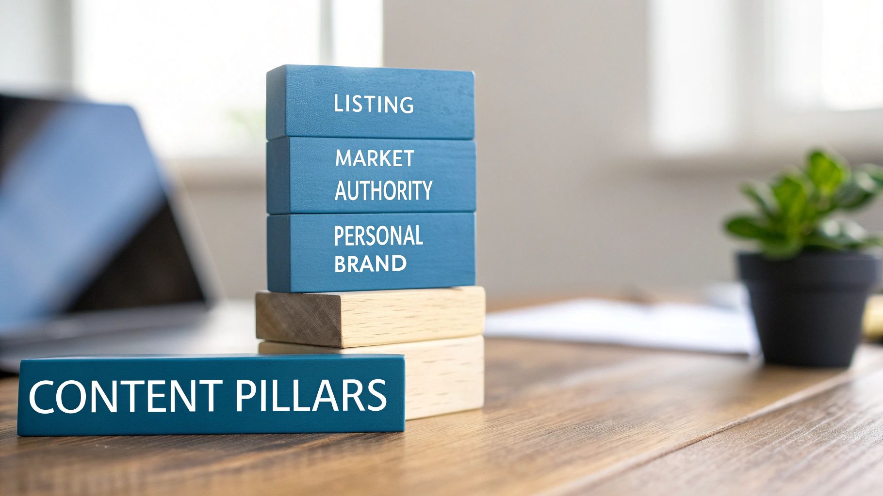 Blue and wooden blocks on a desk illustrating content pillars for real estate: Listing, Market Authority, Personal Brand.