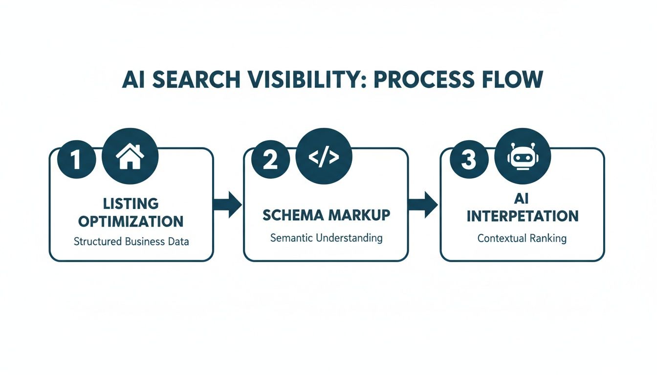 AI search visibility process flow illustrating listing optimization, schema markup, and AI interpretation.