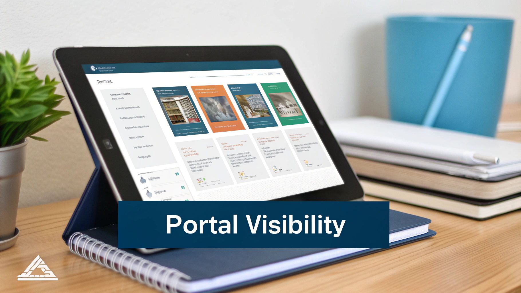 A tablet on a wooden desk displays a web portal interface, surrounded by office items and a plant.