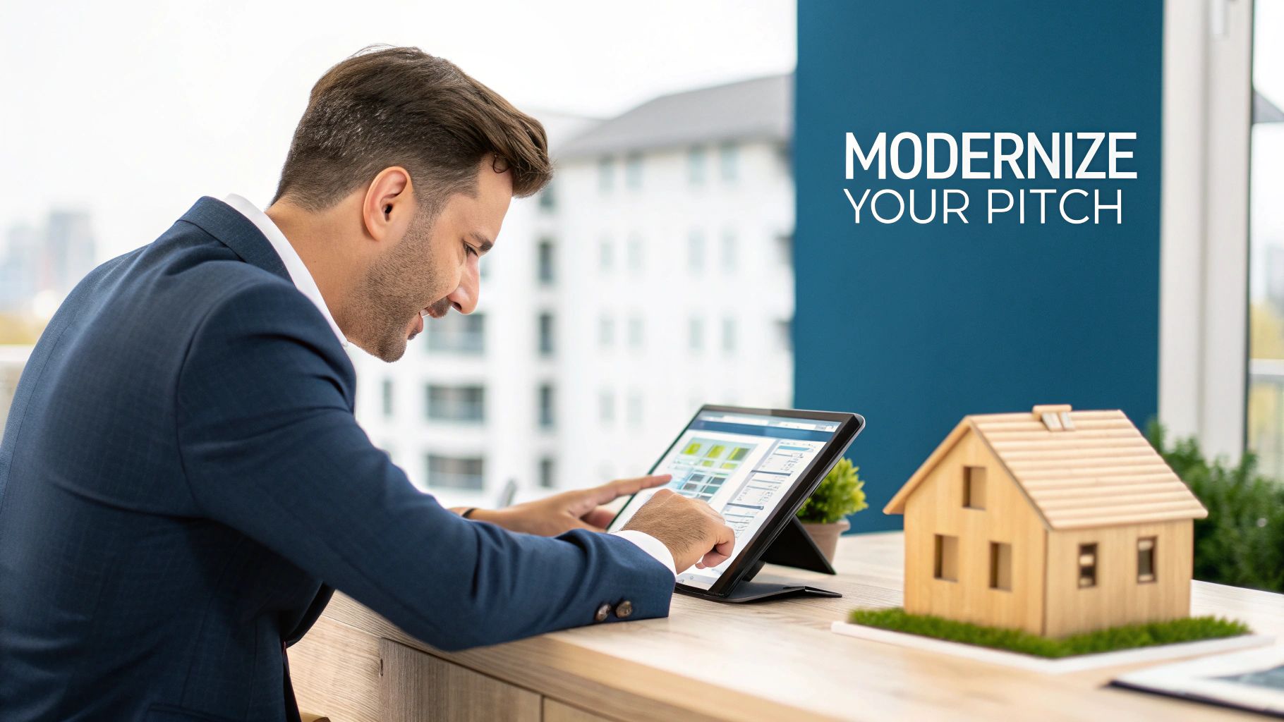 A man uses a tablet to modernize a real estate listing presentation, with a model house nearby.