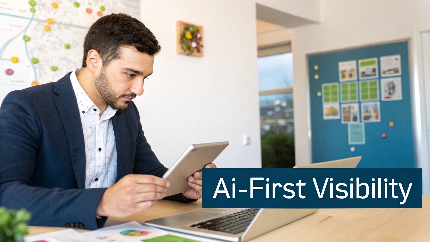 A man in a suit jacket uses a tablet and laptop at a desk in a modern office.