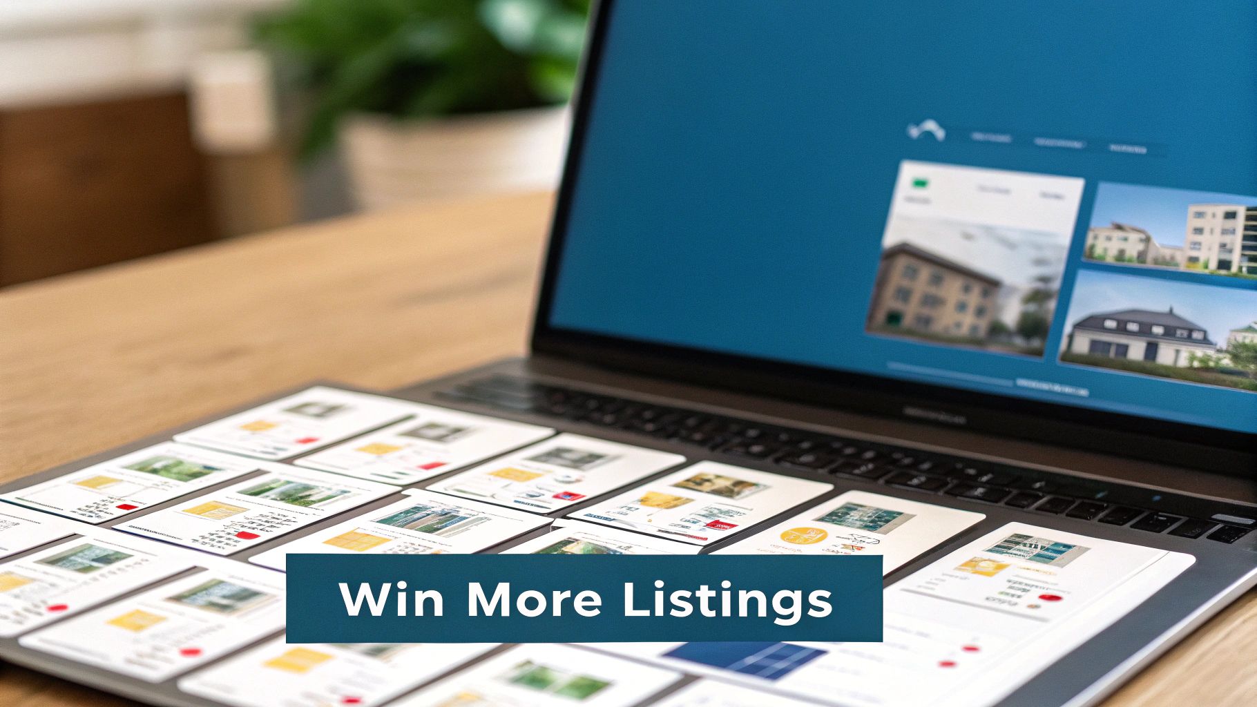 Laptop displaying real estate listings with marketing cards and a 'Win More Listings' banner on a desk.