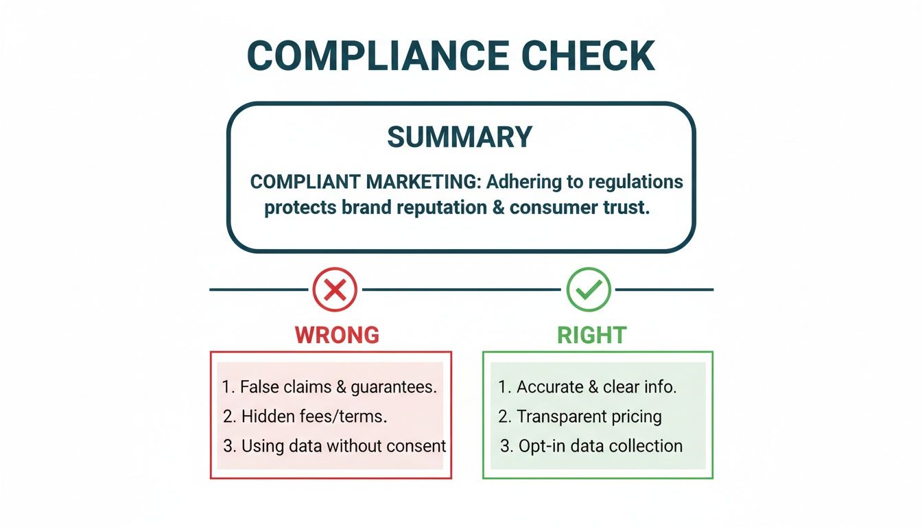 Infographic illustrating marketing compliance best practices, distinguishing between right and wrong for brand trust.
