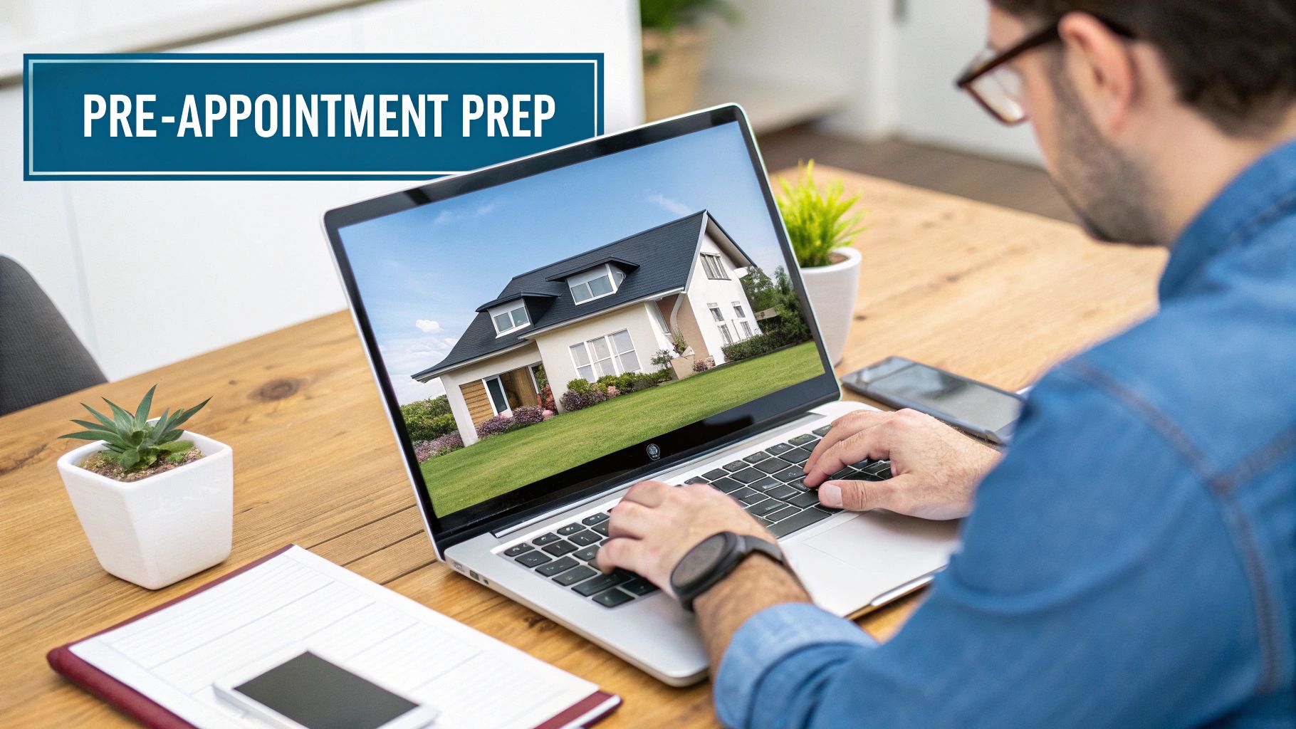 Man preparing for an appointment, typing on a laptop displaying a modern house.