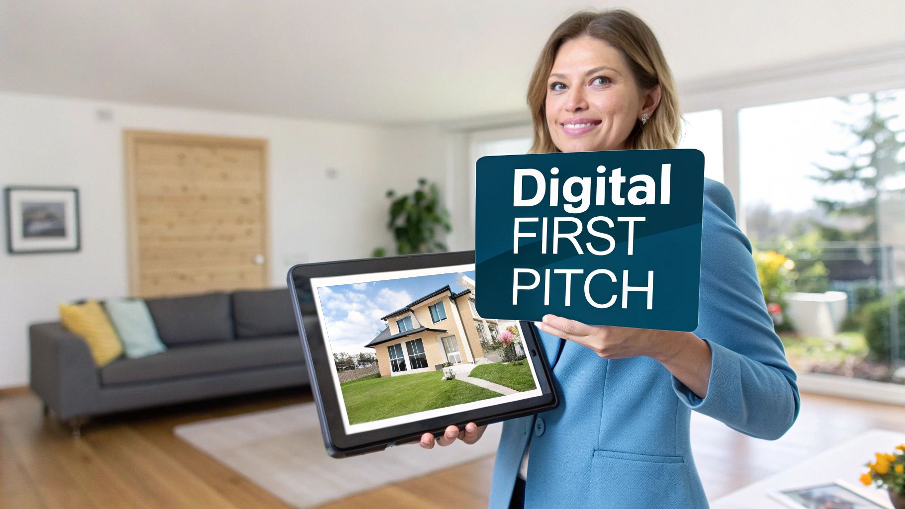 A smiling woman presents a tablet with a house image and a sign saying 'Digital FIRST PITCH' in a modern living room.