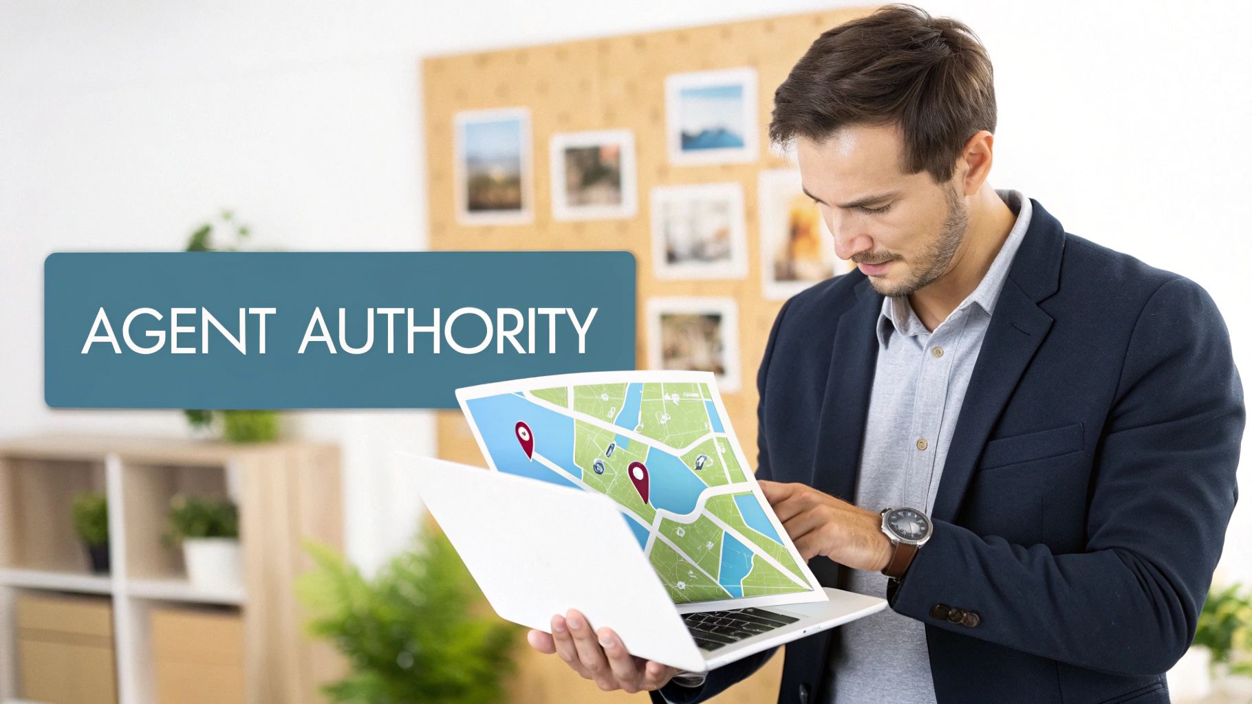 A professional man, likely a real estate agent, analyzes a map on his laptop screen.