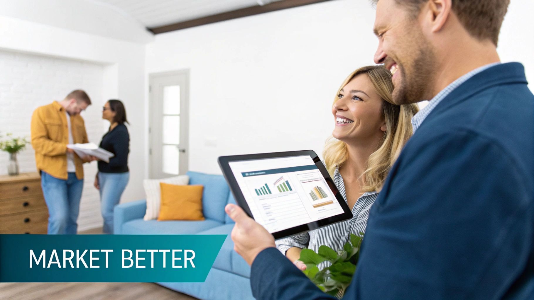 A real estate agent presents market data on a tablet to a smiling couple in a modern home.