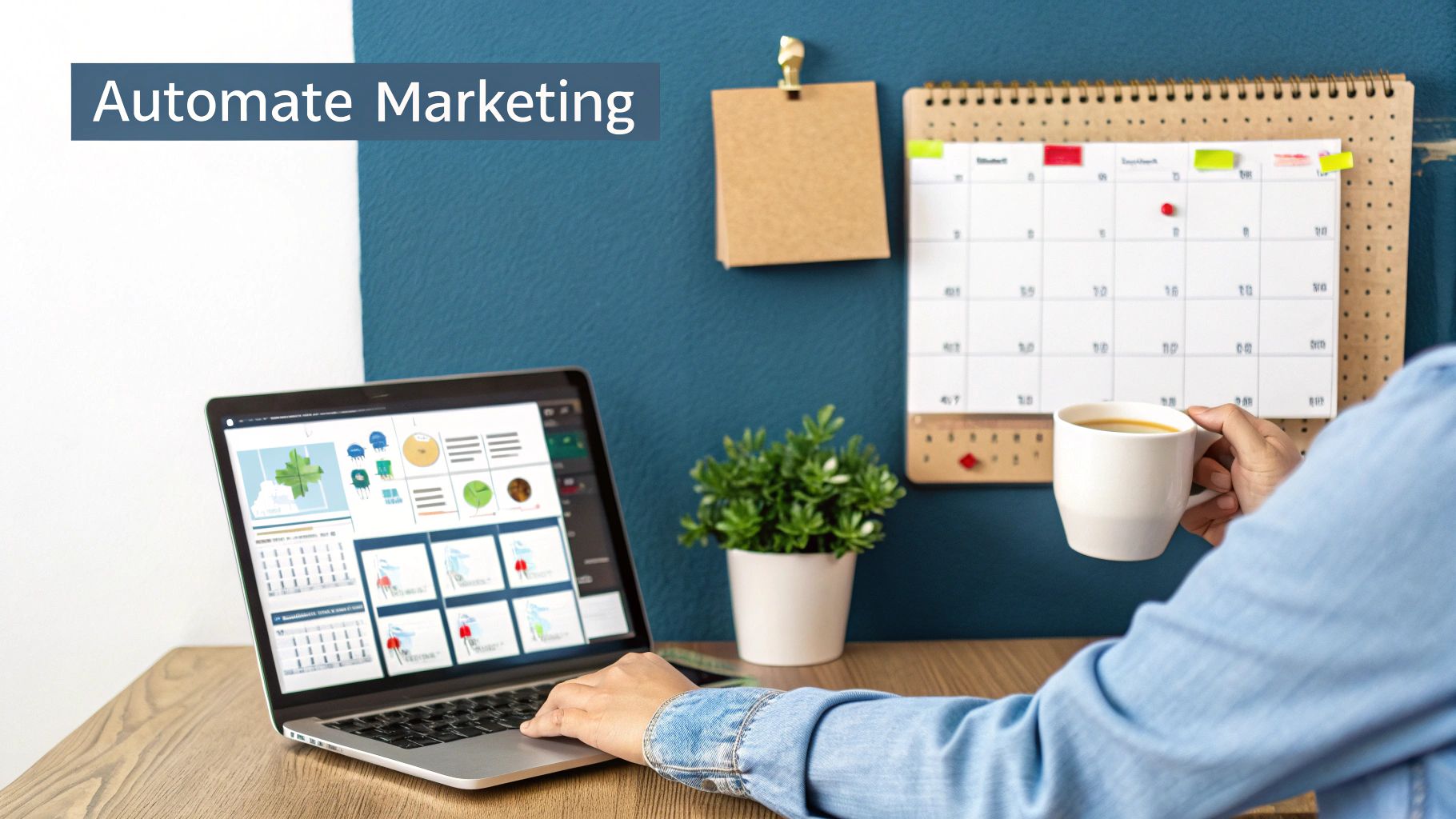 Person using a laptop with marketing automation software, holding a coffee cup, with a calendar and plant.