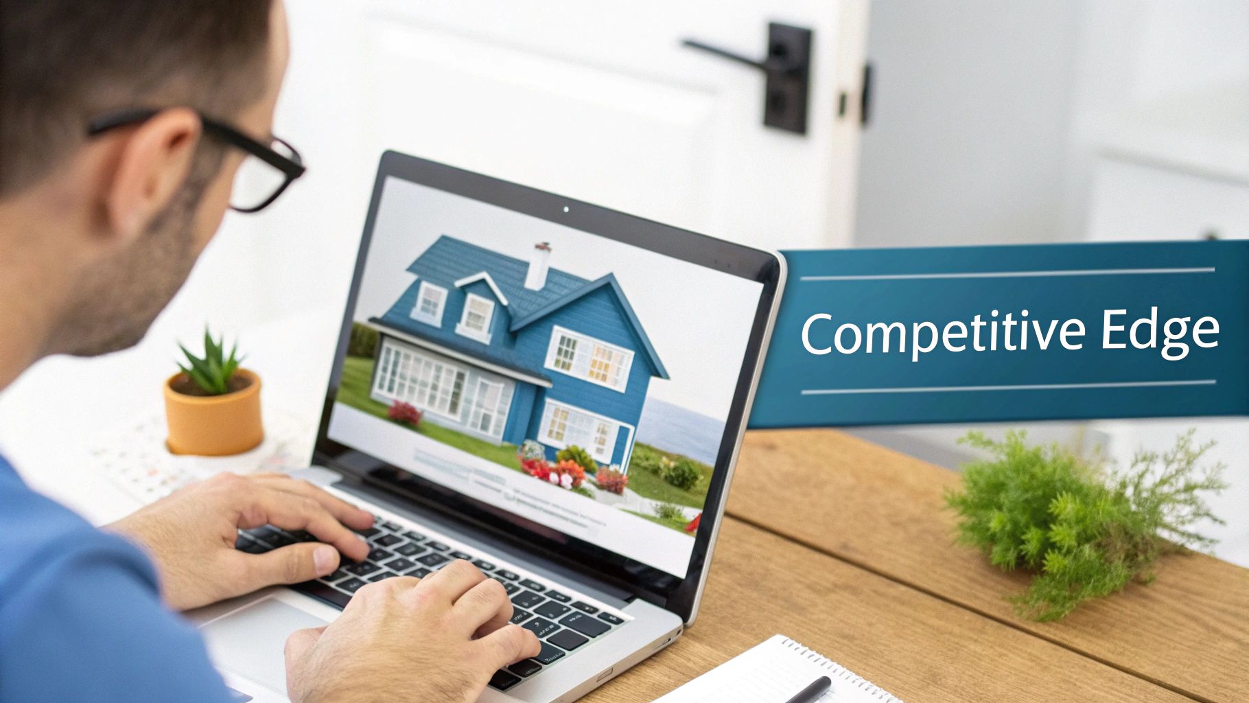 A person with glasses types on a laptop displaying a modern blue house, near a 'Competitive Edge' sign.