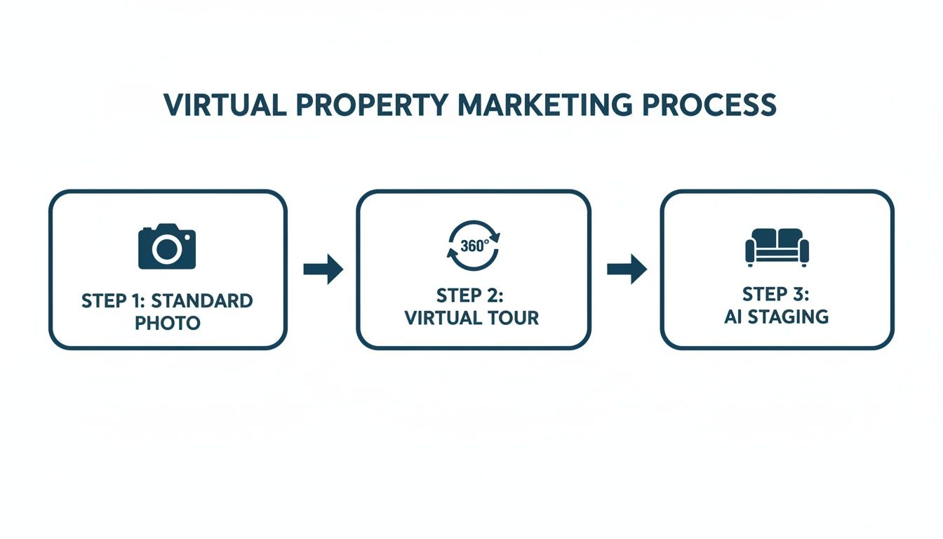 Flowchart showing virtual property marketing process: standard photo, virtual tour, and AI staging.