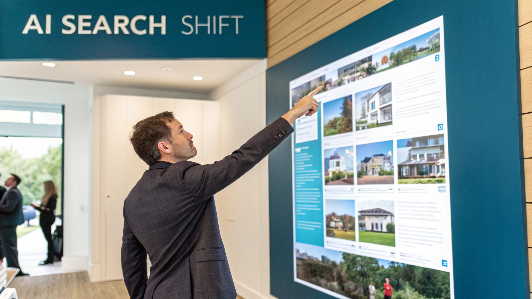 A man in a suit points to a large digital screen showcasing real estate listings, with an 'AI SEARCH' sign visible.