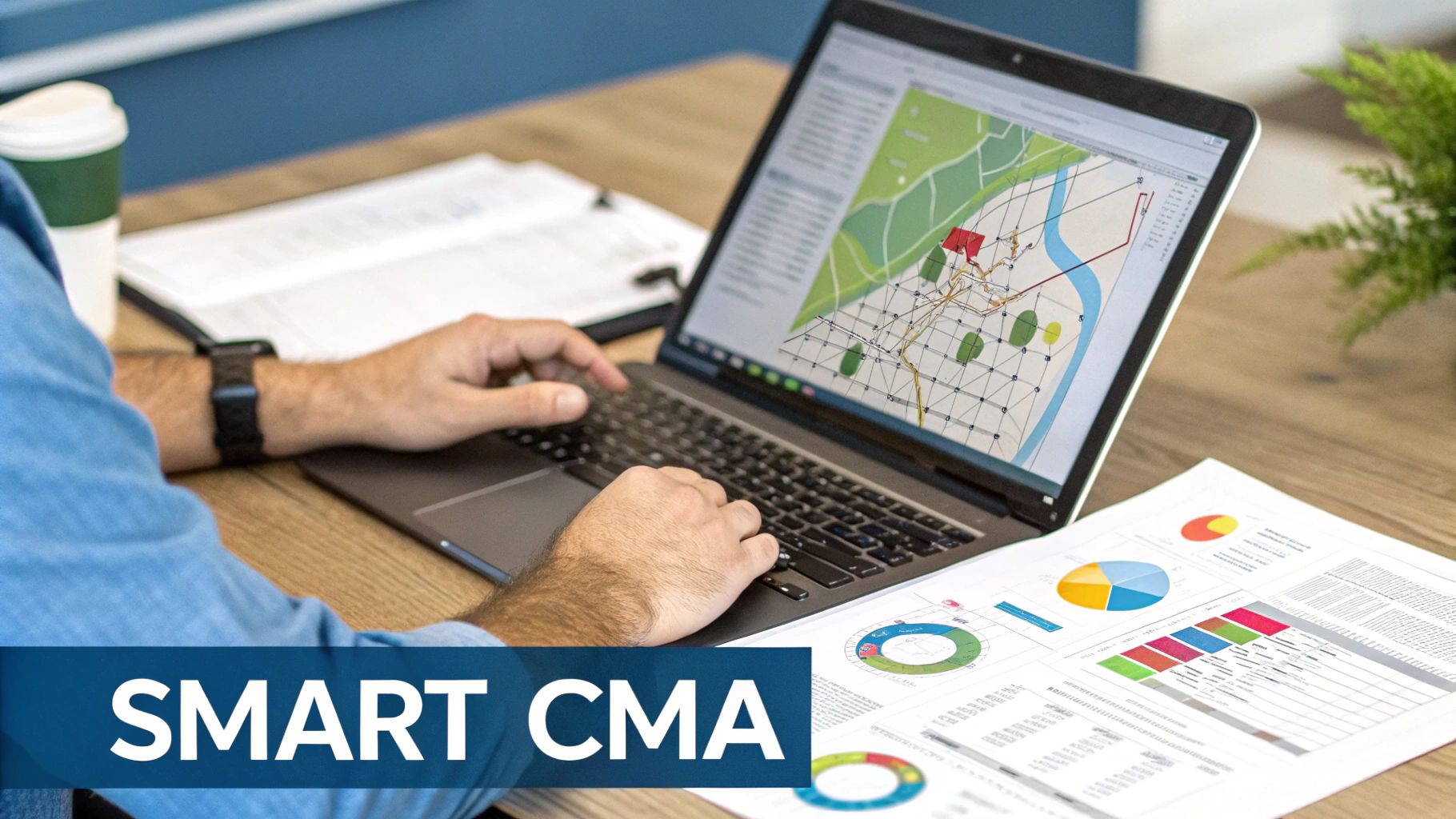 A person works on a laptop displaying a real estate map and property data, with financial charts and documents nearby.