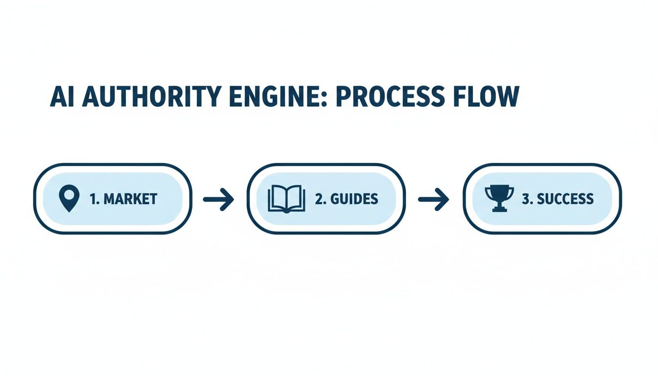 Flowchart illustrating the AI Authority Engine process: Market, Guides, and Success.