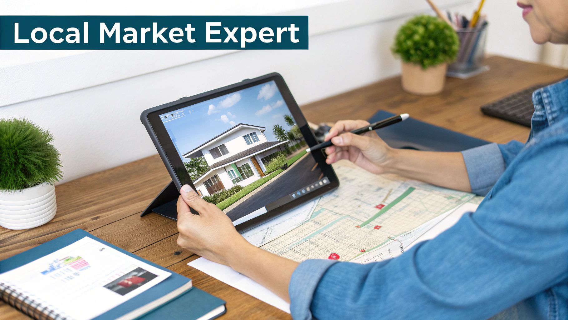 A person, a local market expert, reviews a house on a tablet and a map.