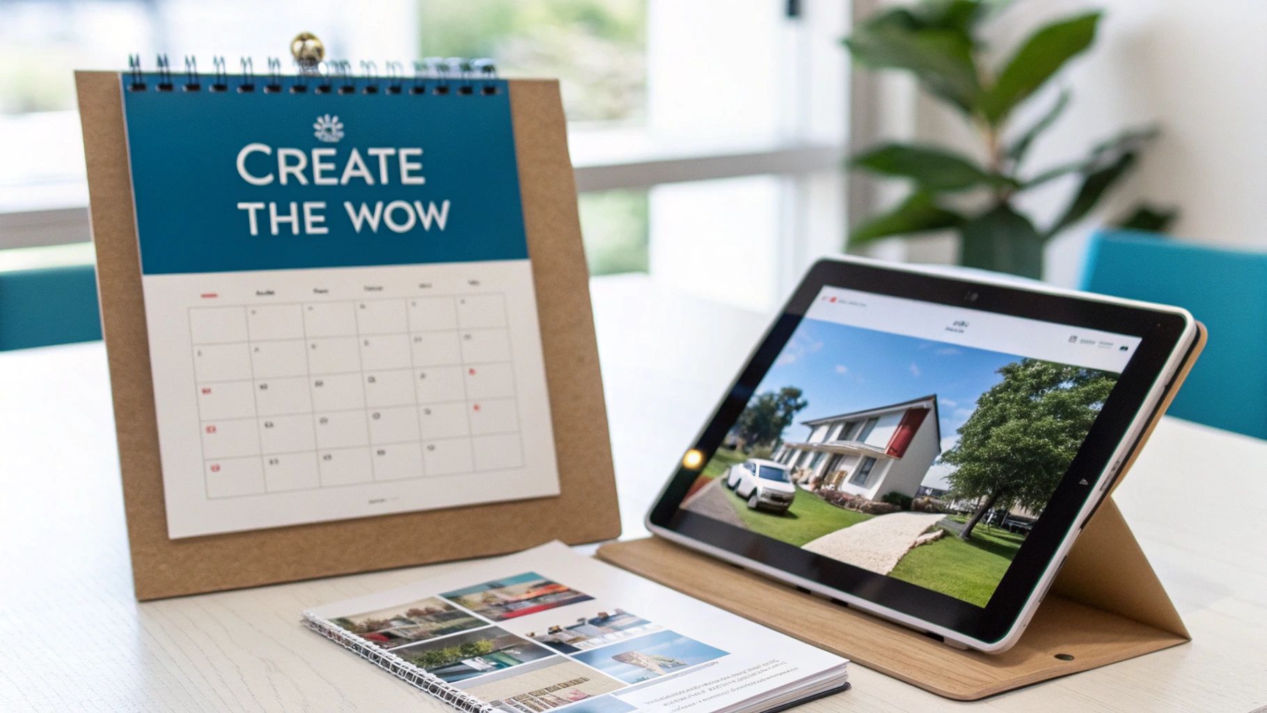 Real estate presentation tools including a calendar, tablet displaying a house, and a brochure.