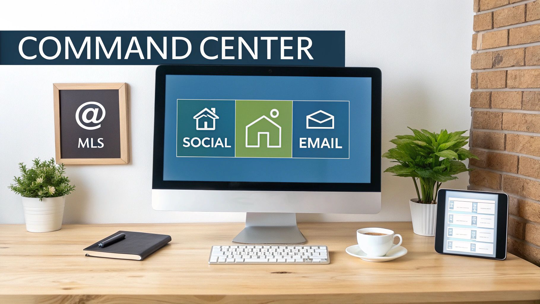 A 'Command Center' desk setup with a computer showing real estate marketing options like social and email.