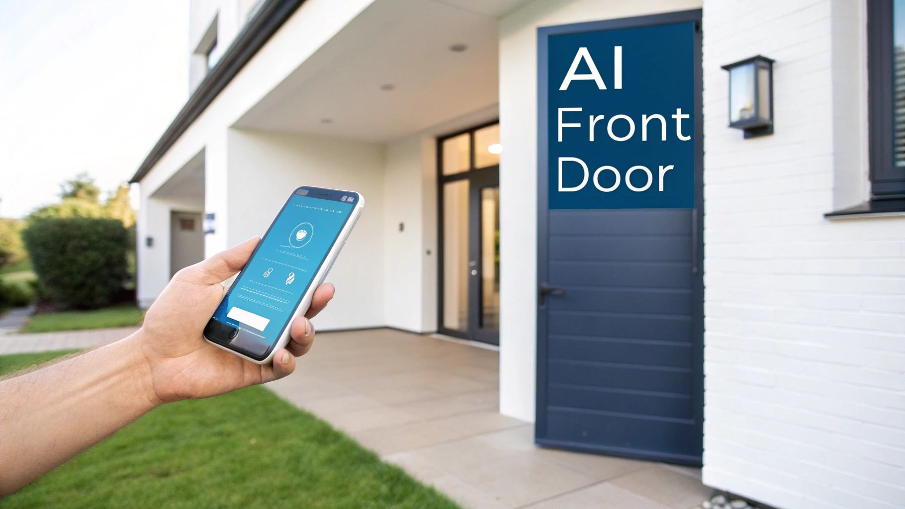 A hand controls an AI smart front door of a modern house via a smartphone app.
