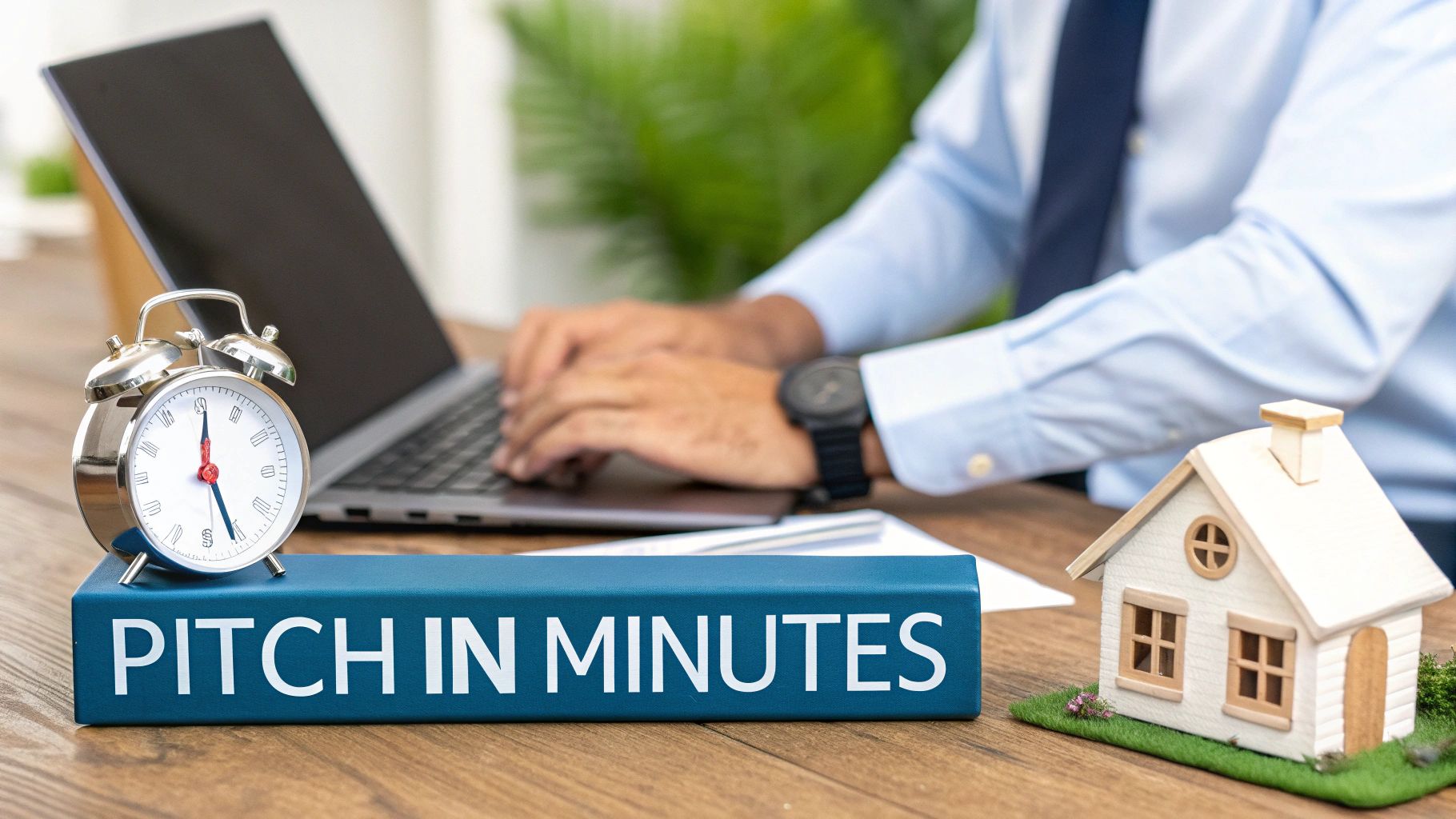 A man types on a laptop, an alarm clock sits on a book 'PITCH IN MINUTES', next to a model house.