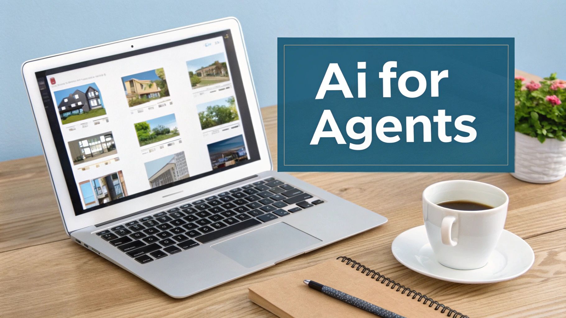 A laptop shows real estate listings next to a sign 'AI for Agents', a coffee, and a notebook.