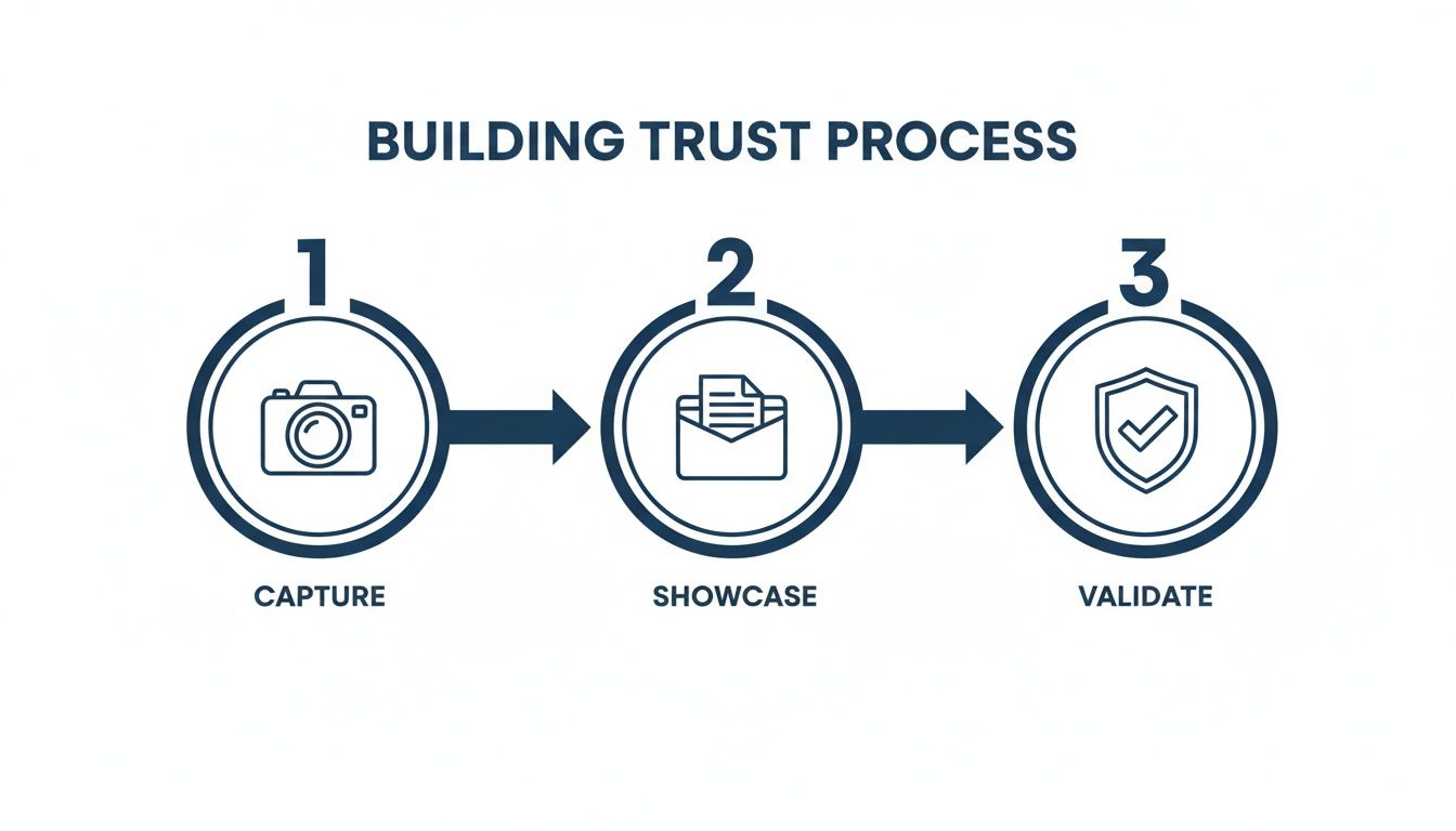 A three-step diagram outlining the 'Building Trust Process': Capture, Showcase, and Validate.