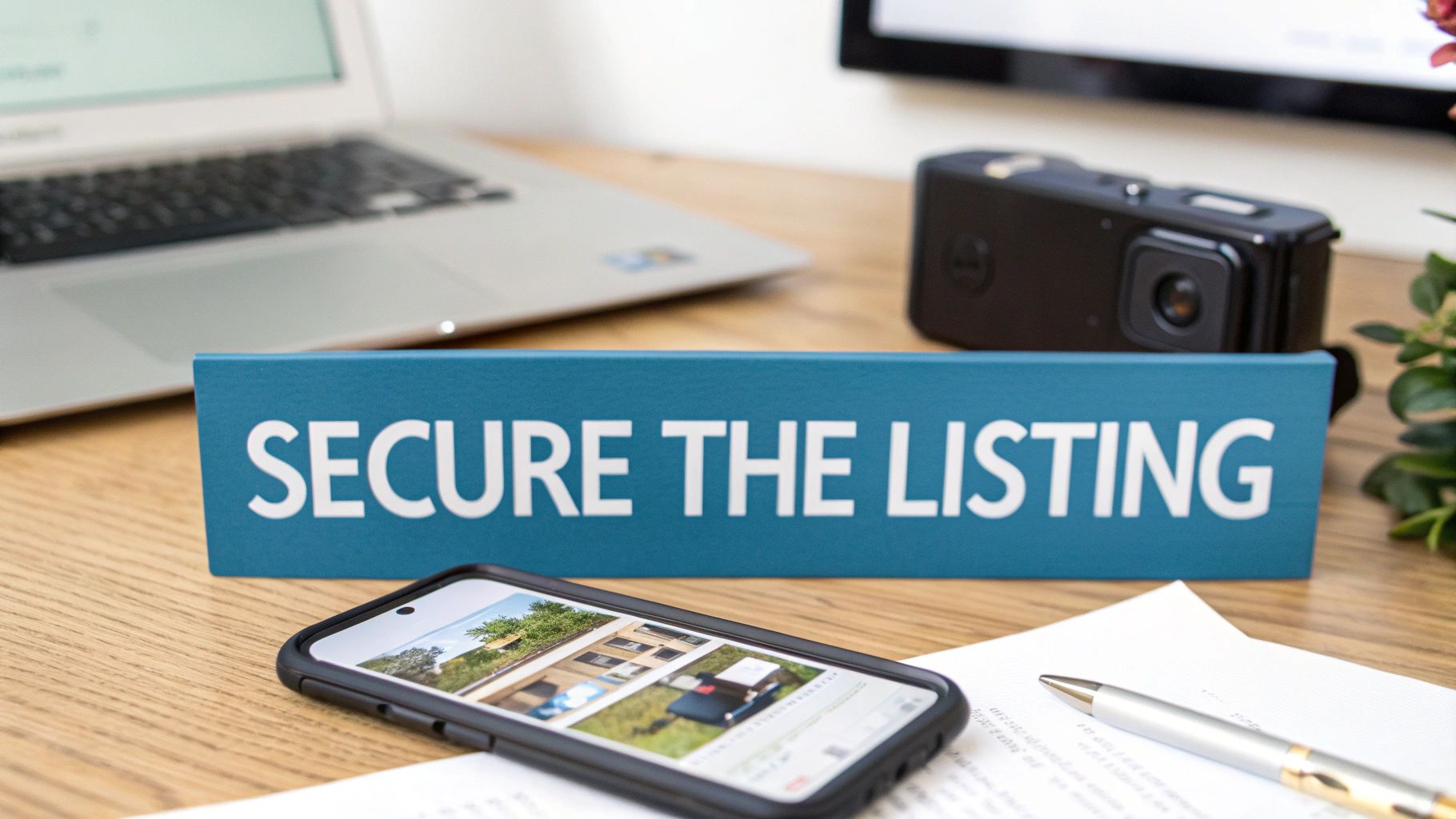 A blue "SECURE THE LISTING" sign on a desk with a smartphone displaying real estate images, laptop, and camera.