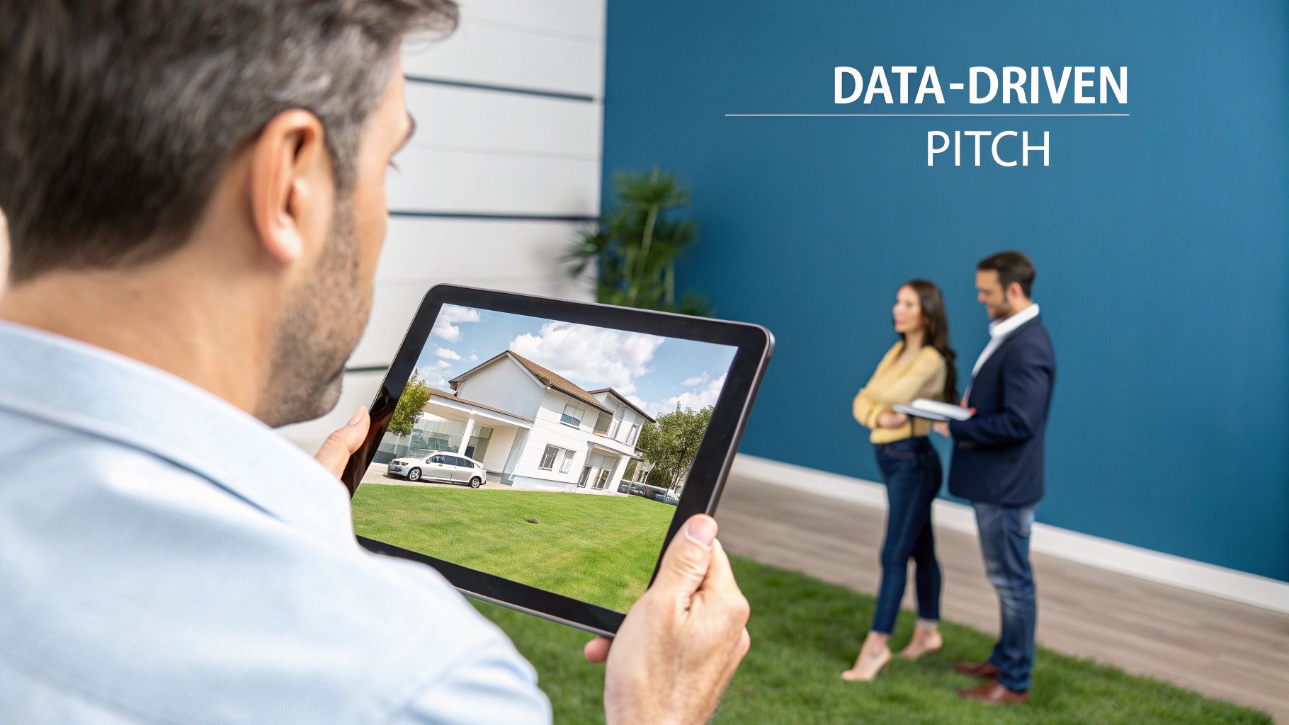 A man holds a tablet displaying a modern house with a green lawn, presenting a data-driven pitch.