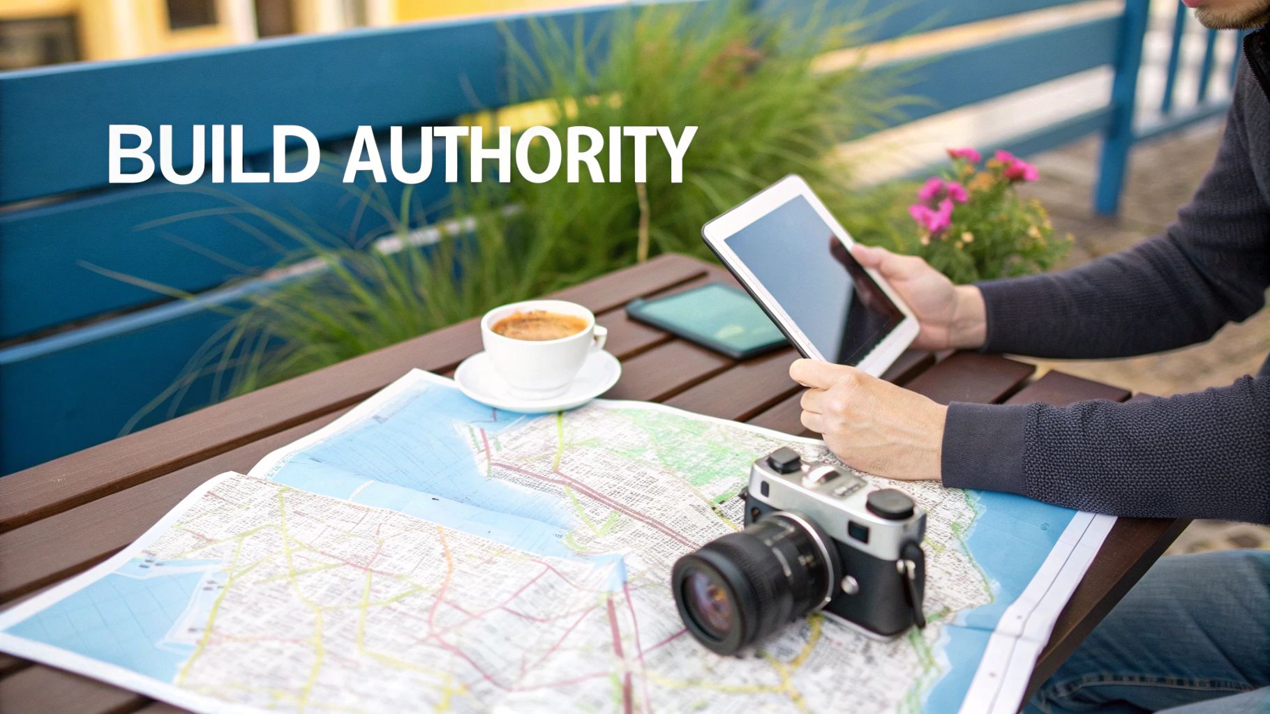 A person at an outdoor table with a map, coffee, and camera, using a tablet for travel or work.