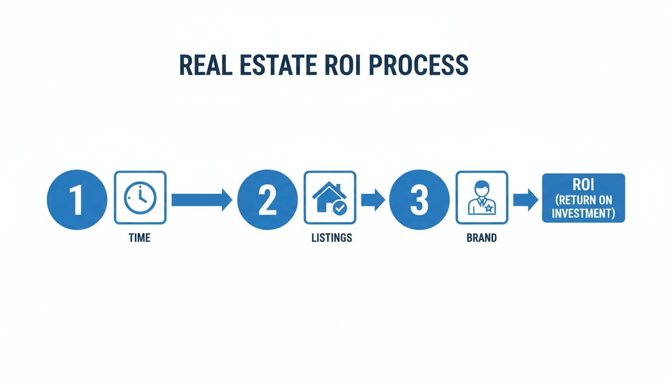 Flowchart illustrating the real estate ROI process, showing time, listings, and brand leading to return on investment.